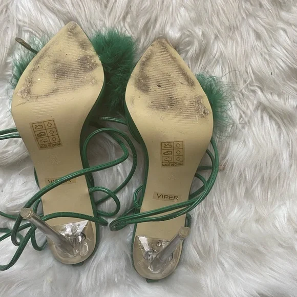 Green Feathered Heel Sandals - Picture 2 of 5